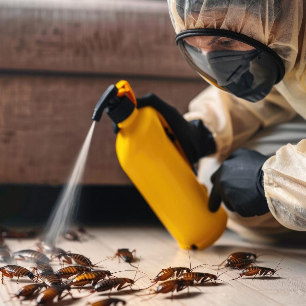 A person wearing a protective suit spraying a bed bug on the floor, suitable for use in health and hygiene-related contexts or demonstrations